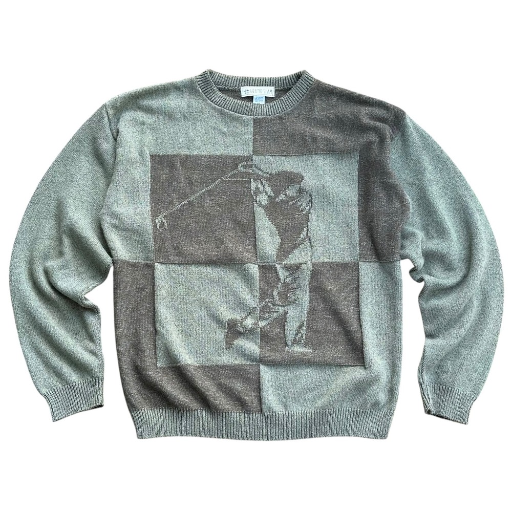 Vintage Grand Slam Golf Sweater Men Medium Graphic Block Green Gray Made in USA
